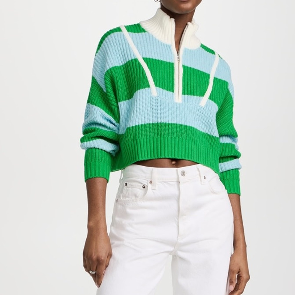 STAUD Green and Light Blue Striped Cropped Half-Zip Sweater with Cream Trim
